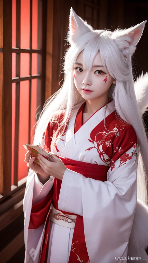 White Demon Fox、Nine-tailed Fox、Japanese women、kimono、Fair skin、Red lines on face、8K、I have long hair