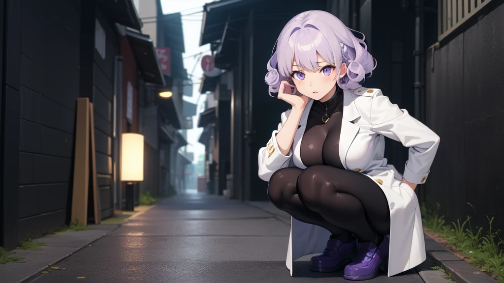 ((黒のwhole bodyタイツ)),
(masterpiece,Highest quality),1 ,whole body,(Light purple hair),Short Hair,Large Breasts,Curly Hair, Confused eyes,
White open jacket,Night Summer,Squat,Alley,Urinating,