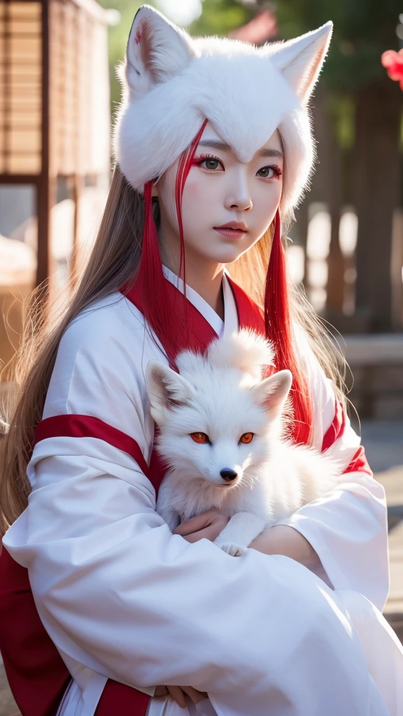 White Demon Fox、Nine-tailed Fox、Japanese women、kimono、Fair skin、Red lines on face、8K、I have long hair