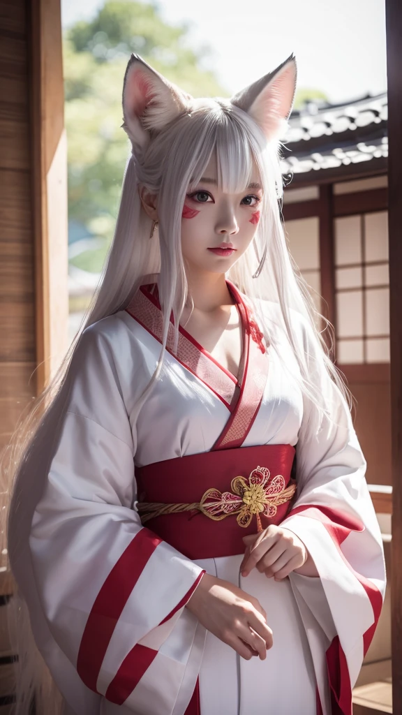 White Demon Fox、Nine-tailed Fox、Japanese women、kimono、Fair skin、Red lines on face、8K、I have long hair