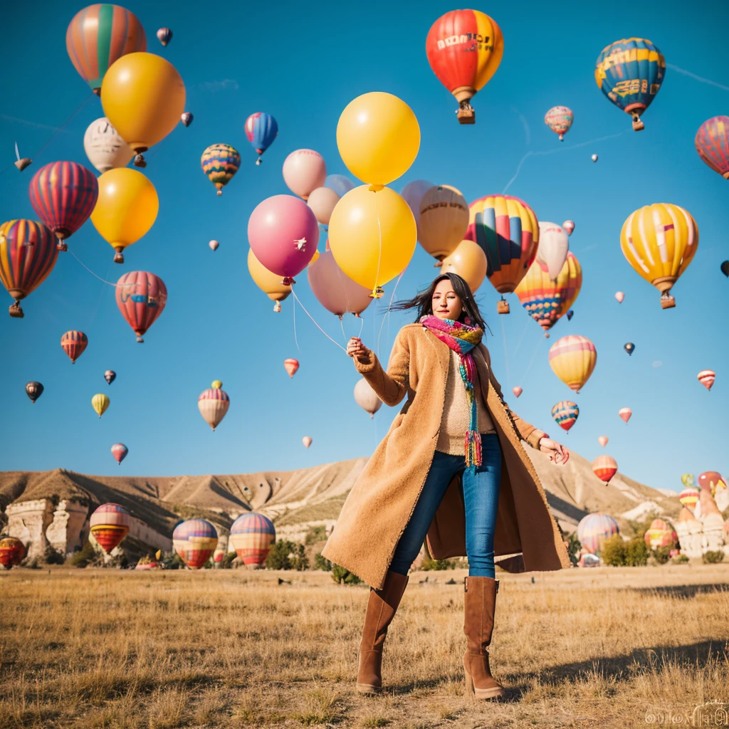 A beautiful 26 year old Indonesian woman wearing a beige coat, scarf and high boots poses elegantly with several giant colorful balloons in the sky of Cappadocia, Turkey.