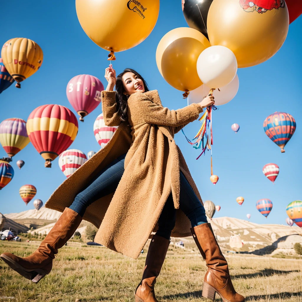 A beautiful 26 year old Indonesian woman wearing a beige coat, scarf and high boots poses elegantly with several giant colorful balloons in the sky of Cappadocia, Turkey.