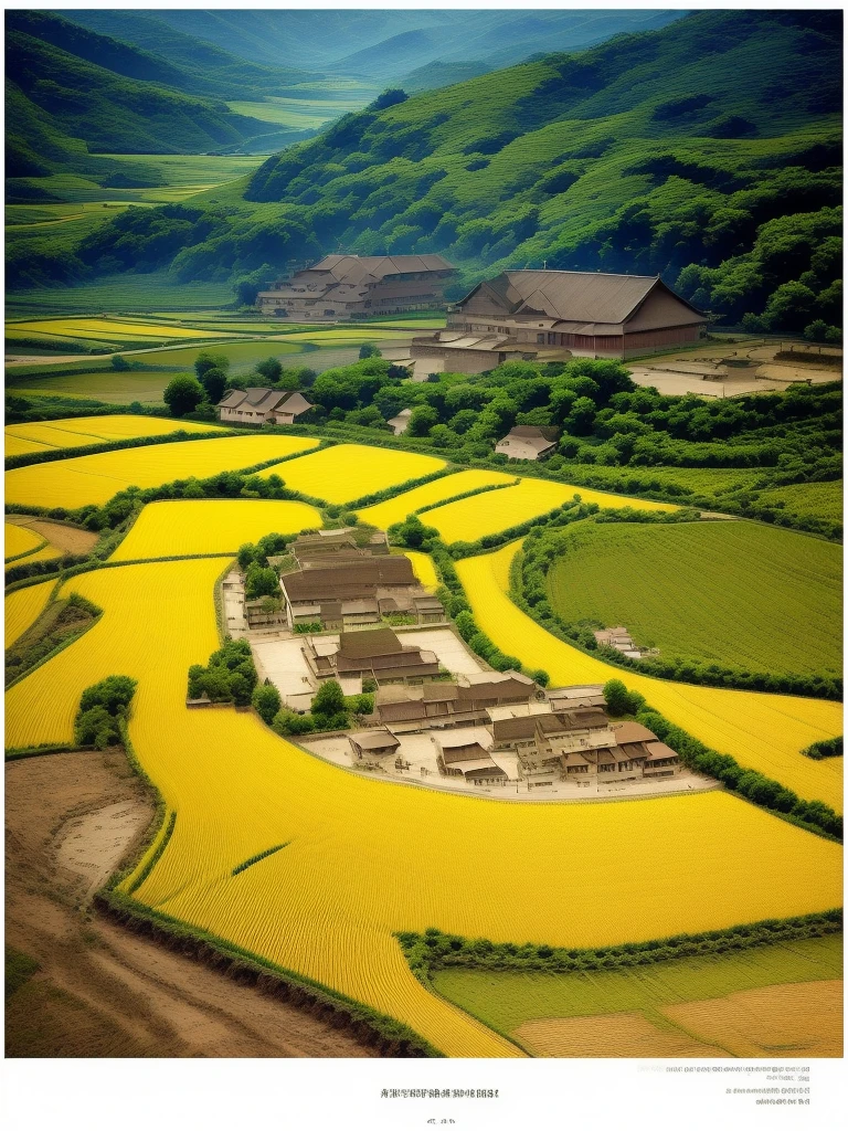 A farm viewed from Araf,Fields full of crops, author:Gu An, ( Visually stunning, chinese village, author:Shi Rui, by Liu Haisu, author:Yang Borun, qiangshu, paddy, Ghost Festival, flower, by Wang Yi, Yu Zhiding, lu ji, village, author:Pricewaterhouse