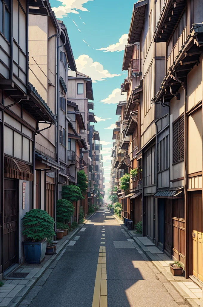 anime scenery of a street with a lot of buildings and plants, a digital painting by Makoto Shinkai, trending on cg society, ukiyo-e, anime background art, studio ghibli sunlight, beautiful anime scene, japanese street, beautiful anime scenery, anime scenery, japanese town, anime beautiful peace scene, anime scenery concept art, anime style cityscape