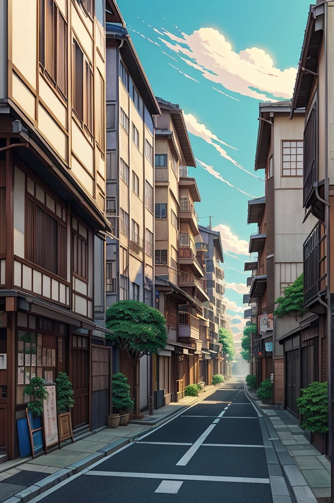 anime scenery of a street with a lot of buildings and plants, a digital painting by Makoto Shinkai, trending on cg society, ukiyo-e, anime background art, studio ghibli sunlight, beautiful anime scene, japanese street, beautiful anime scenery, anime scenery, japanese town, anime beautiful peace scene, anime scenery concept art, anime style cityscape