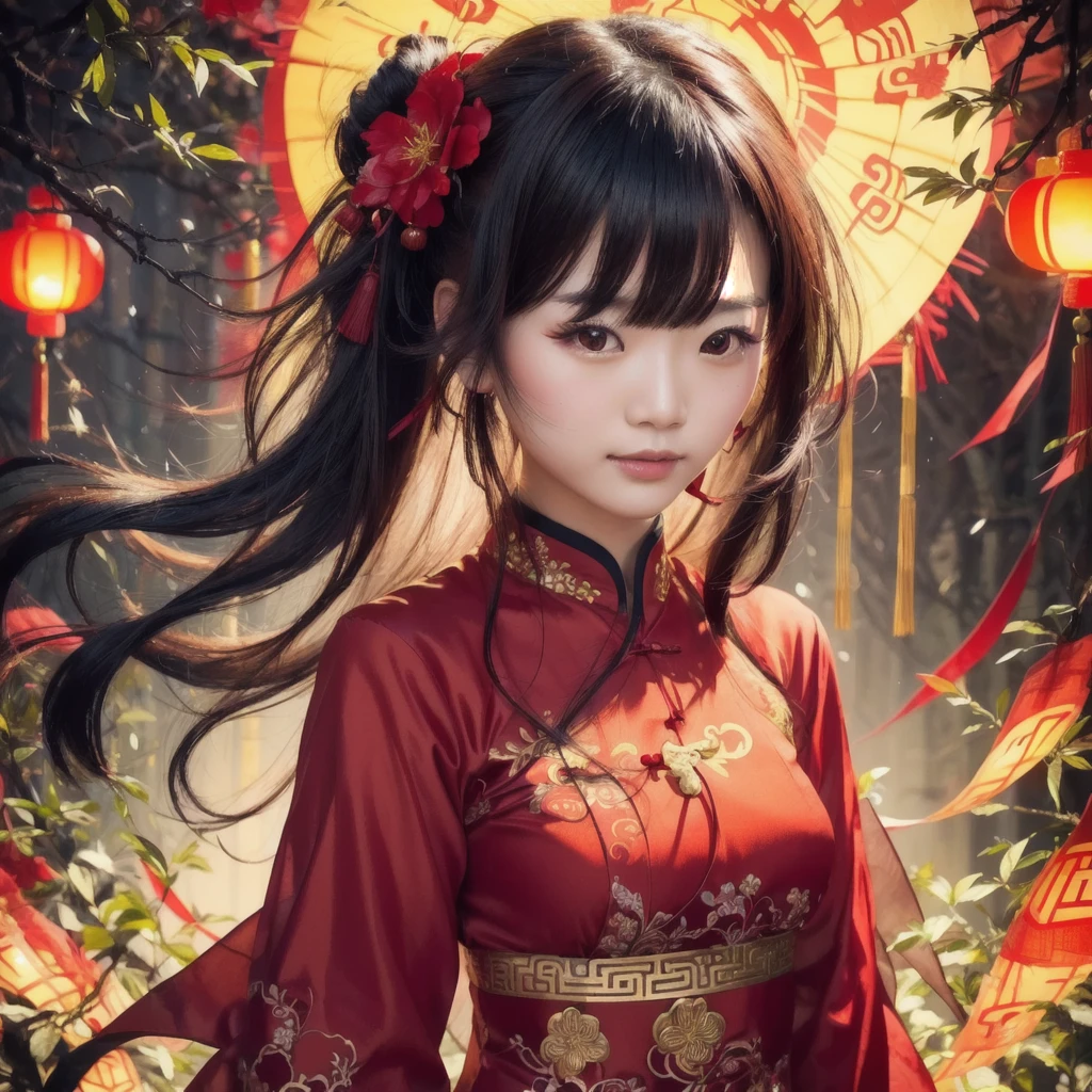 Cute Chinese girl in red dress with red flowers and a red lantern, red eye, realistic