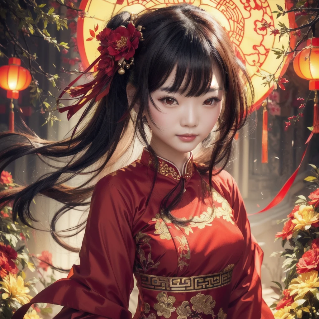 Cute Chinese girl in red dress with red flowers and a red lantern, red eye, realistic