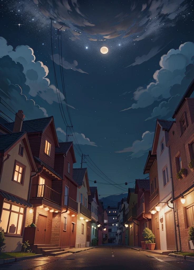 Night sky on a deserted street with European houses next door, illustration (8K illustration), (best qualityer) (details Intricate) (8K) (night  sky), Moon with smiling face the sky.