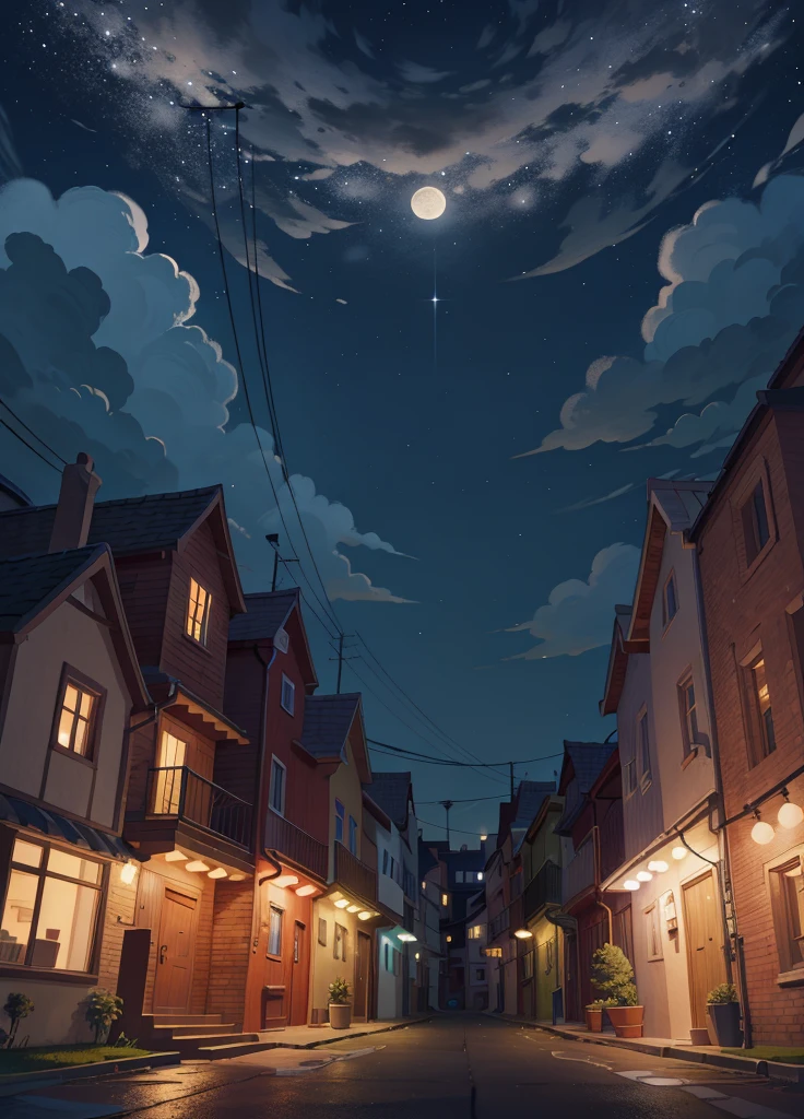 Night sky on a deserted street with European houses next door, illustration (8K illustration), (best qualityer) (details Intricate) (8K) (night sky), Moon with smiling face the sky.