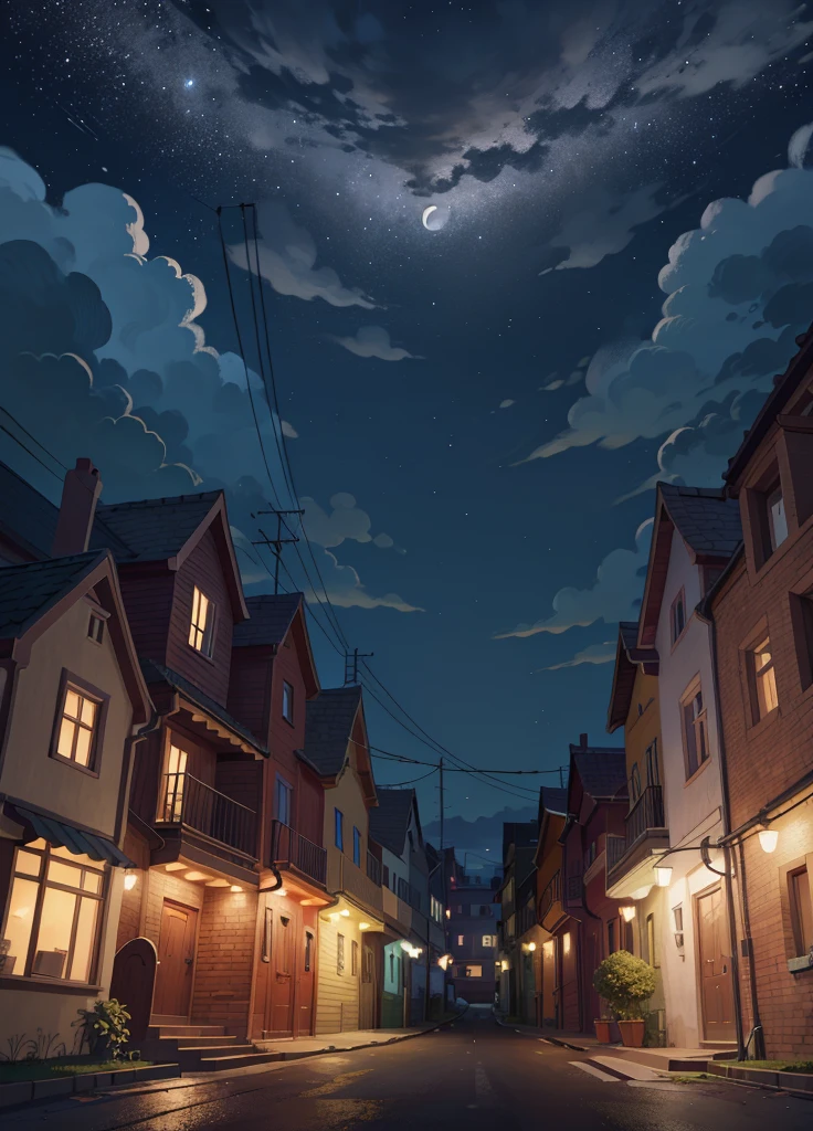 Night sky on a deserted street with European houses next door, illustration (8K illustration), (best qualityer) (details Intricate) (8K) (night sky), Moon with smiling face the sky.
