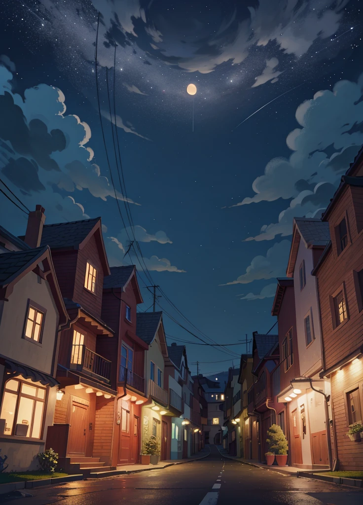 Night sky on a deserted street with European houses next door, illustration (8K illustration), (best qualityer) (details Intricate) (8K) (night sky), Moon with smiling face the sky.