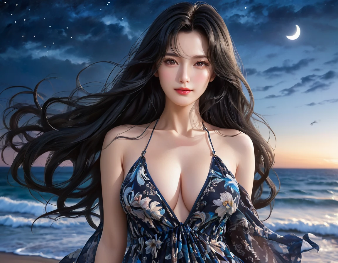 4K resolution,8K resolution,beautiful,Highest quality,Absolutely wonderful,Very detailed,Ultra-high resolution,masterpiece,(Realistic:1.5),(Realistic:1.5),Increased depth of field,Cinematic Light,
One elegant mature woman,
Long black hair,精巧なディテールのbeautiful顔,A face full of compassion,Moist eyes,Transparent white skin,Very sensitive skin,Great proportions,Glamorous Body,Anatomically correct body,
Sexy Summer Beach Dresses,Cool design,Gorgeous and detailed pattern,Beautifully detailed pattern,Detailed cloth texture,Gorgeous necklace romantic seaside scenery,Dark night sky,Coastline stretching to the horizon,Deserted beach,Dark sea surface,
Cinematic Angle,