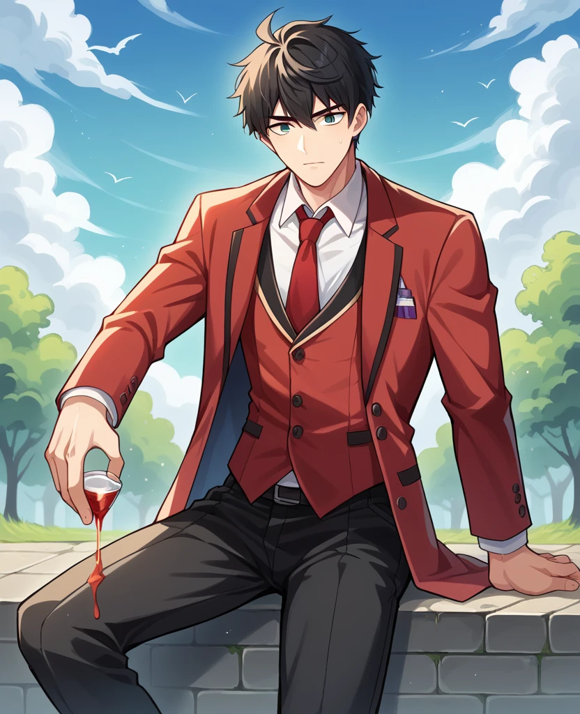 score_9, score_8_Excellent, score_7_Excellent, sauce_Anime BREAK 1 Boy, alone, Male Focus, Part 1 Lian, Black Hair, , Red Blazer, tie, Black trousers, Outdoor, Prostration