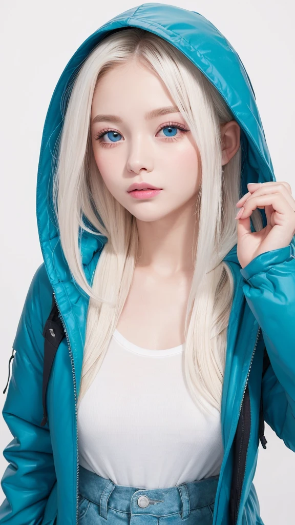 (((Long Parka、Shorts、White background)))、forehead、Northern Europe、Russia、beautiful girl、Platinum Blonde Hair、Straight long hair、Hitting the face and front of the eyes、Big blue eyes、Sheer white and wet nightgown、Northern Europeの若者、Perfect body、White tendons、Glowing Skin、Young and beautiful skin、A perfect and beautiful little face、Bright makeup、Pale pink lips、Bright expression、16-year-old girl、lipstick、Deceptive advertising、Viewer&#39;s vision、Golden Hour Lighting、Bokeh Atmosphere Perspective、detailed、Movie Light、複雑なdetailed、High resolution、 フェイスデザインのdetailedな特徴、Attention to detail、Clear focus、Smoothness、aesthetics、Printed、Octane、{{masterpiece}}