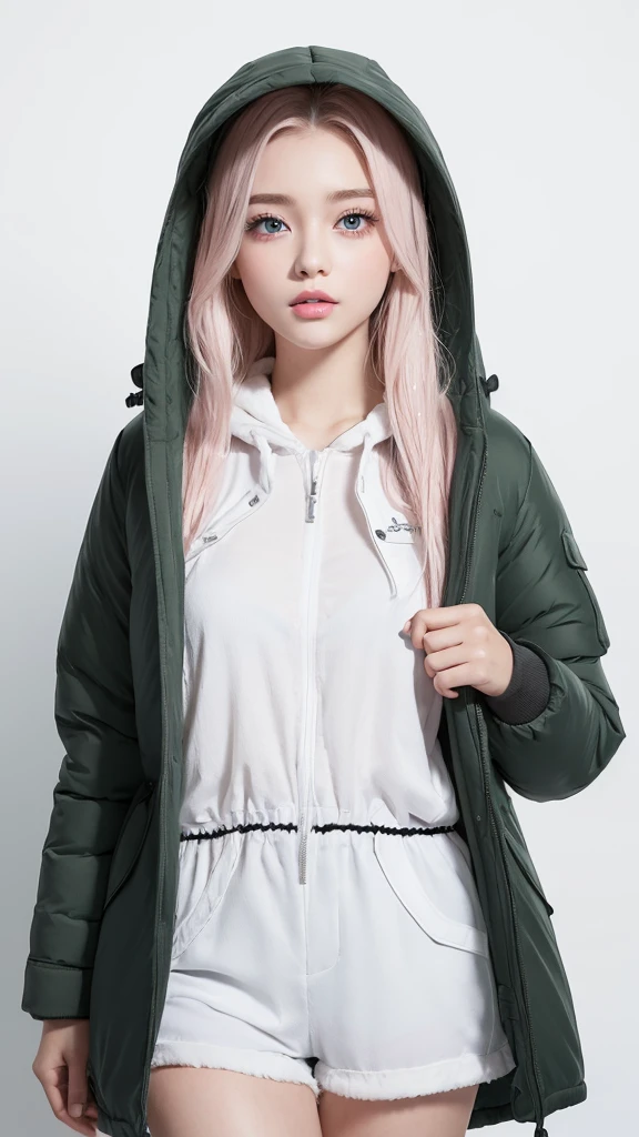 (((Long Parka、Shorts、White background)))、forehead、Northern Europe、Russia、beautiful girl、Platinum Blonde Hair、Straight long hair、Hitting the face and front of the eyes、Big blue eyes、Sheer white and wet nightgown、Northern Europeの若者、Perfect body、White tendons、Glowing Skin、Young and beautiful skin、A perfect and beautiful little face、Bright makeup、Pale pink lips、Bright expression、、lipstick、Deceptive advertising、Viewer's vision、Golden Hour Lighting、Bokeh Atmosphere Perspective、detailed、Movie Light、複雑なdetailed、High resolution、 フェイスデザインのdetailedな特徴、Attention to detail、Clear focus、Smoothness、aesthetics、Printed、Octane、{{masterpiece}}