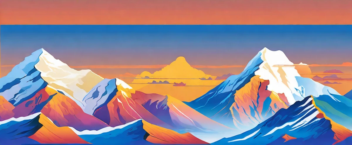 ((high resolution: 1.1))Illustration of a snow mountain range in the vector, using simple shapes and a 2D flat, vector artwork features beautiful colors with a blue sky and orange sunset, peaks, capped, covered, resembling a view, Mount Everest，Flat Wind，Minimalist illustration，Vector。