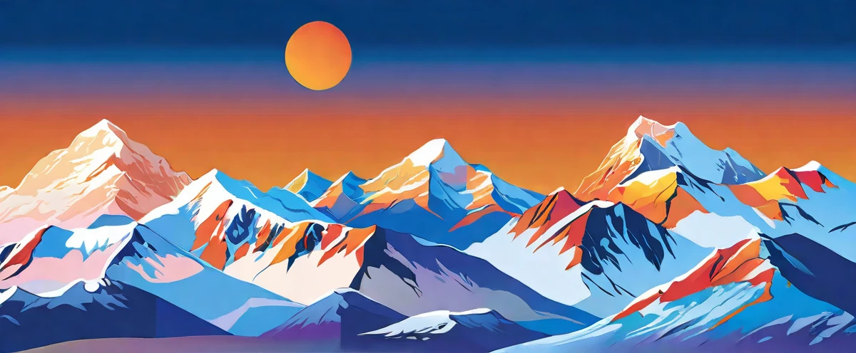((high resolution: 1.1))Illustration of a snow mountain range in the vector, using simple shapes and a 2D flat, vector artwork features beautiful colors with a blue sky and orange sunset, peaks, capped, covered, resembling a view, Mount Everest,Flat Wind,Minimalist illustration,Vector。