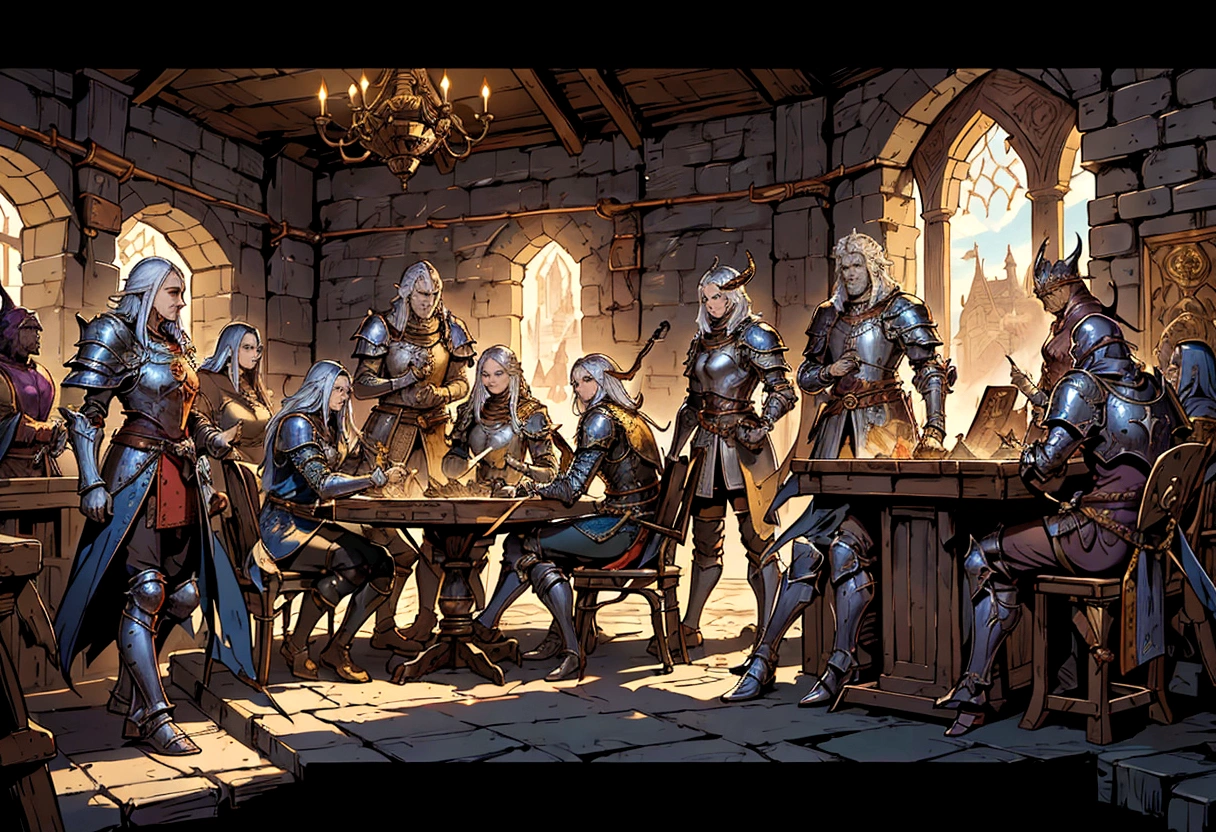 a group of people in armor standing around a table, dnd last supper, dnd , roleplaying game art, lawther sit at table playing dnd, wallpaper d&d art, fantasy card game art, medieval fantasy game art, dungeons and dragons art, high quality dnd illustration, epic fantasy card game art, by Kristian Zahrtmann, dungeon and dragons art
