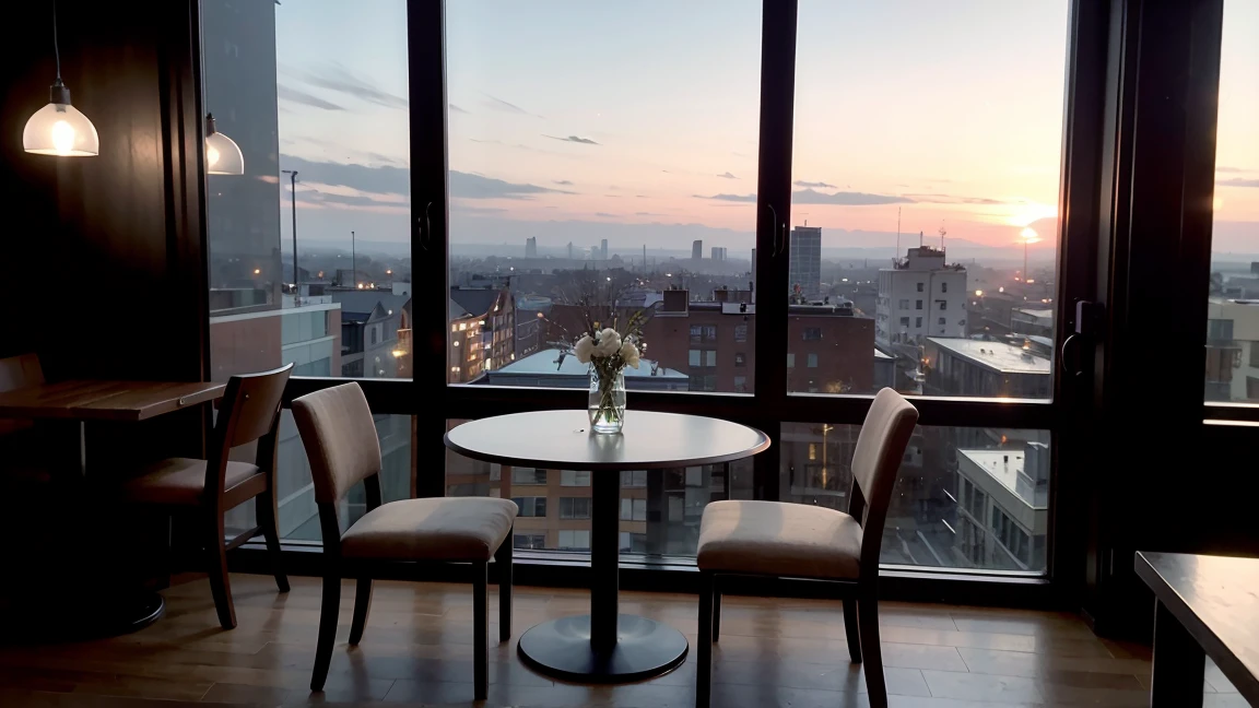 at night a big depth of view picture of a cozy coffee shop interior with two tables and coffee cups on the tables. At the side there is a coffee machine. Theres also a big closed window at the center with the view of the outside city, coffee cups at the tables