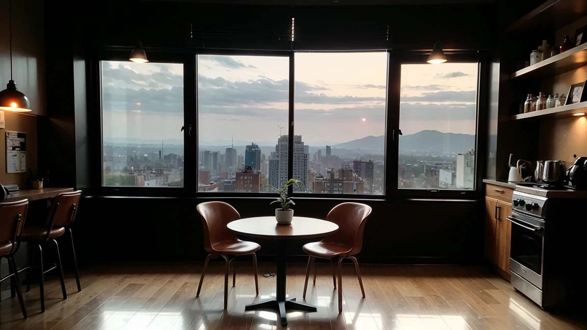 at night a big depth of view picture of a cozy coffee shop interior with two tables and coffee cups on the tables. At the side there is a coffee machine. Theres also a big closed window at the center with the view of the outside city, coffee cups at the tables