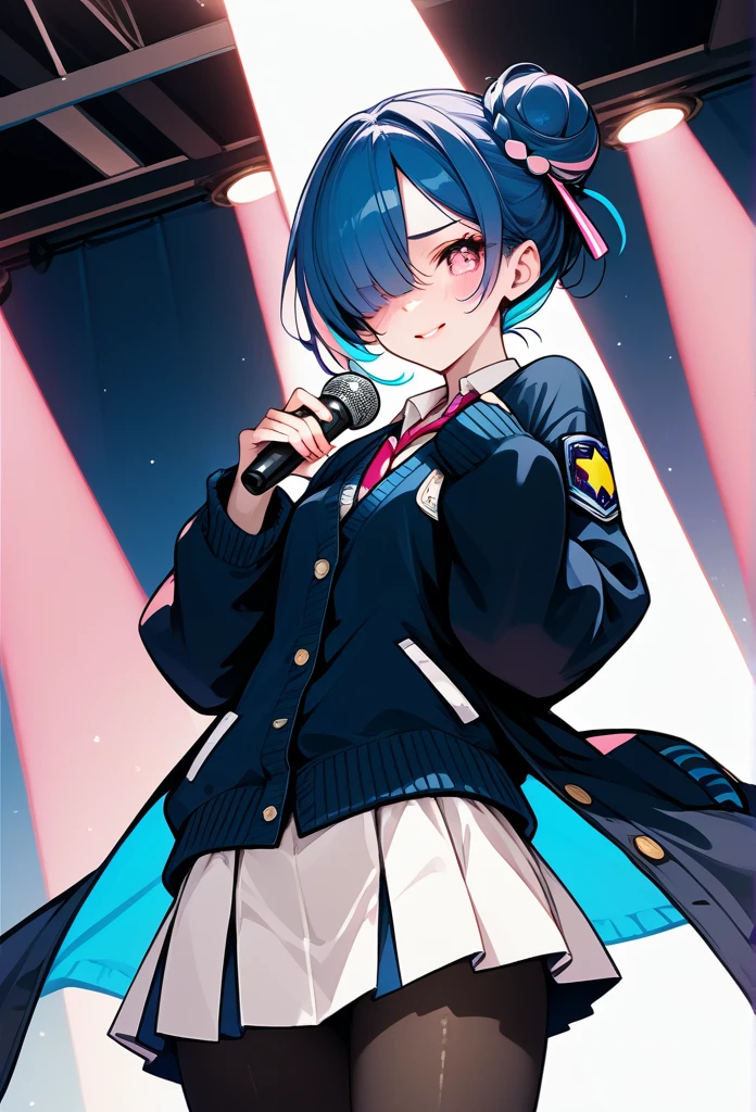 mature woman, mature face, pink eyes, shy expression, shy face, nervous smile, glossy lips, ponytail hair, (blue hair color, pink gradient hair color, azure color hair), bangs covering left eye, left blinding bangs hairstyle, mature body, small breasts, dark blue cardigan, short skirt, navy color skirt, pantyhose, idol, stage, holding microphone, (idol pose) 