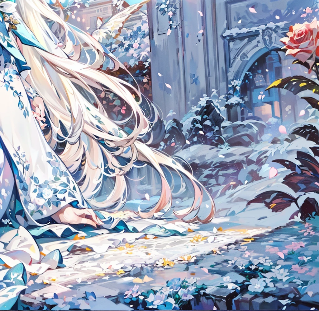 ((best quality，masterpiece，Extremely complex and exquisite details))，White long straight hair，(correct anatomy，Holding hands on the ground)，(Exquisite light blue and white clothing，Beautiful bright and exquisite snow white ancient style high transparent architectural background)，(Rose，Snow，Falling Flowers，Majestic and elegant outdoors)