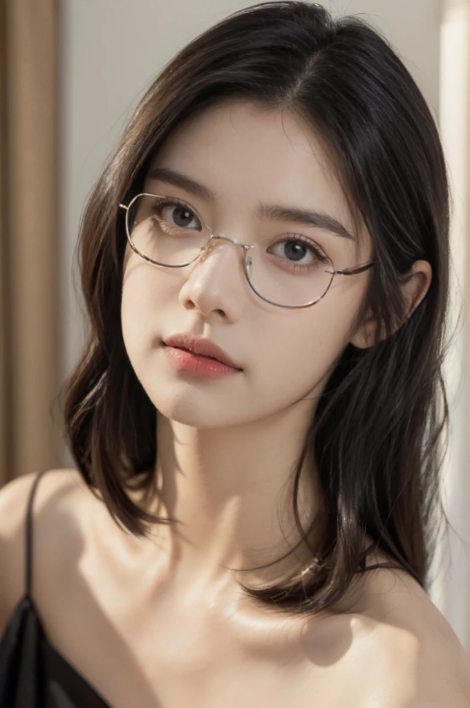 (((best quality))),(((ultra detailed))),(((masterpiece))),illustration,(close-up of face:1.3),((1 beautiful girl,solo)),(shoulder-length straight bob hair:1.2),(confused eyes:1.3),((slim,thin,small breasts,flat chest)),severe myopia,(glasses:1.3),halter top,white wall,dim lighting,gaze,delicate collarbone,smooth skin,intellectual air,vision impairment,contrast,hauntingly beautiful,testament to resilience,(darkness:1.3)