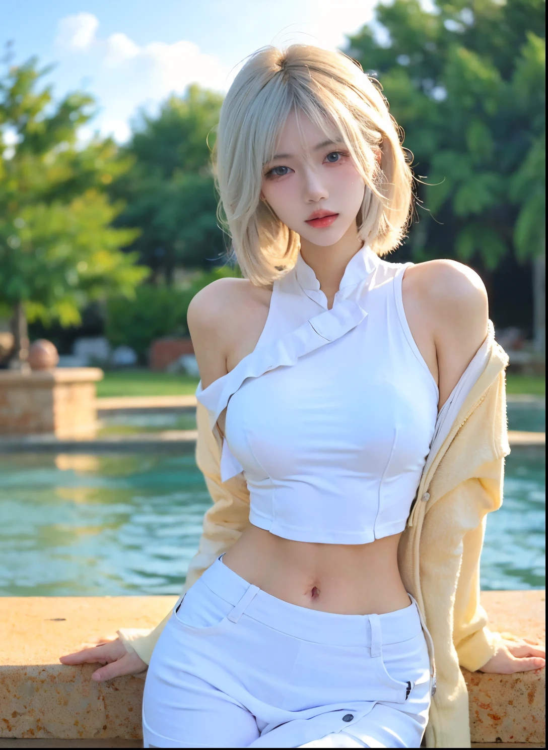 Beautiful woman with perfect figure:1.4,Swimming background,Desert Background,Ultra-high resolution,Seductive laughter,wear glasses,White legs,(lifelike:1.4),Layered Hairstyle,White skin,Black mini pleated skirt,whole body,Very delicate face and skin texture,Double eyelids,Skin Whitening,Long hair,White hair,White,