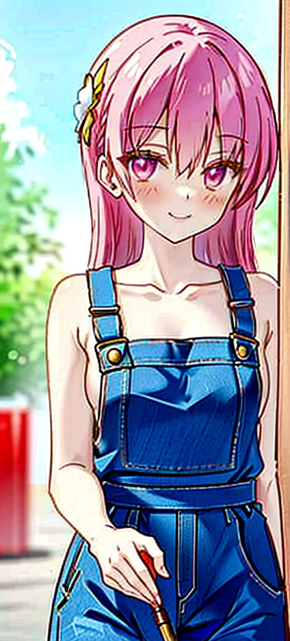 Overalls　Tank top　Girl　Meeting　station　smile