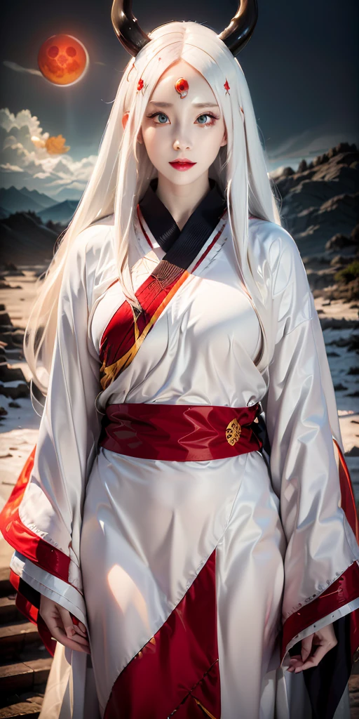 face lighting,bright backlight,super high resolution,best quality,Photos,4k,(Realistic:1.2),huiye,1girl,(kimono:1.1),(the third eye:1.3),horns,(pale skin:1.5),(white hair:1.2),long hair,(night:1.2),
(red moon:1.4),
