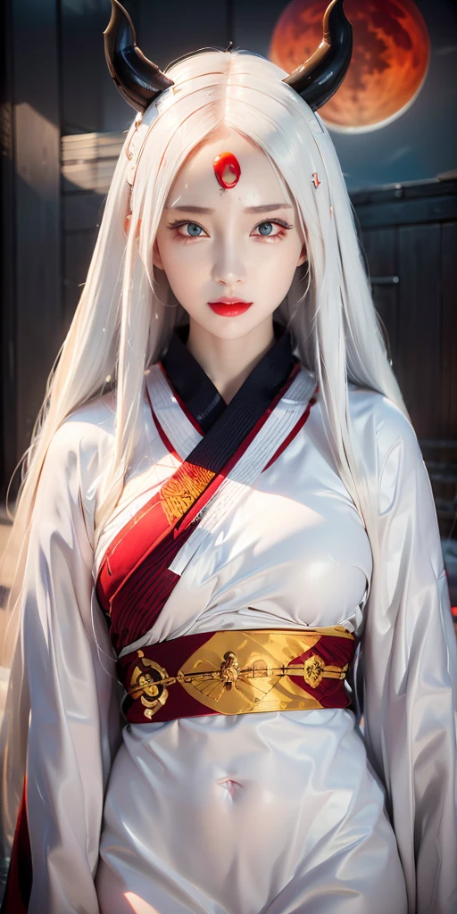 face lighting,bright backlight,super high resolution,best quality,Photos,4k,(Realistic:1.2),huiye,1girl,(kimono:1.1),(the third eye:1.3),horns,(pale skin:1.5),(white hair:1.2),long hair,(night:1.2),
(red moon:1.4),