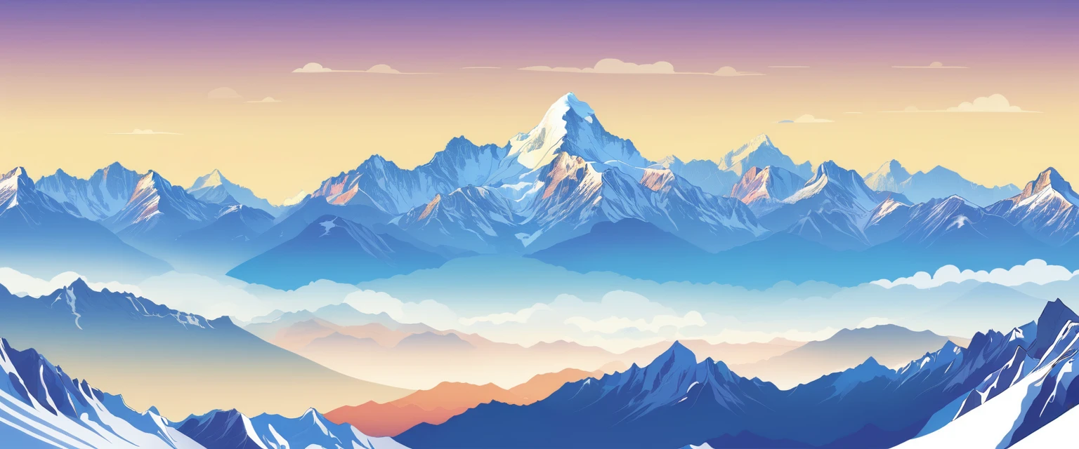 ((high resolution: 1.1))Himalayas,Snowy,The sky is magnificent。Wide panorama,high resolution、High Definition,Cool colors,Flat Wind,Minimalist illustration,Vector。