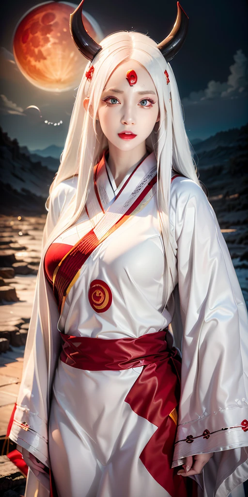 face lighting,bright backlight,super high resolution,best quality,Photos,4k,(Realistic:1.2),huiye,1girl,(kimono:1.1),(the third eye:1.3),horns,(pale skin:1.5),(white hair:1.2),long hair,(night:1.2),
(red moon:1.4),