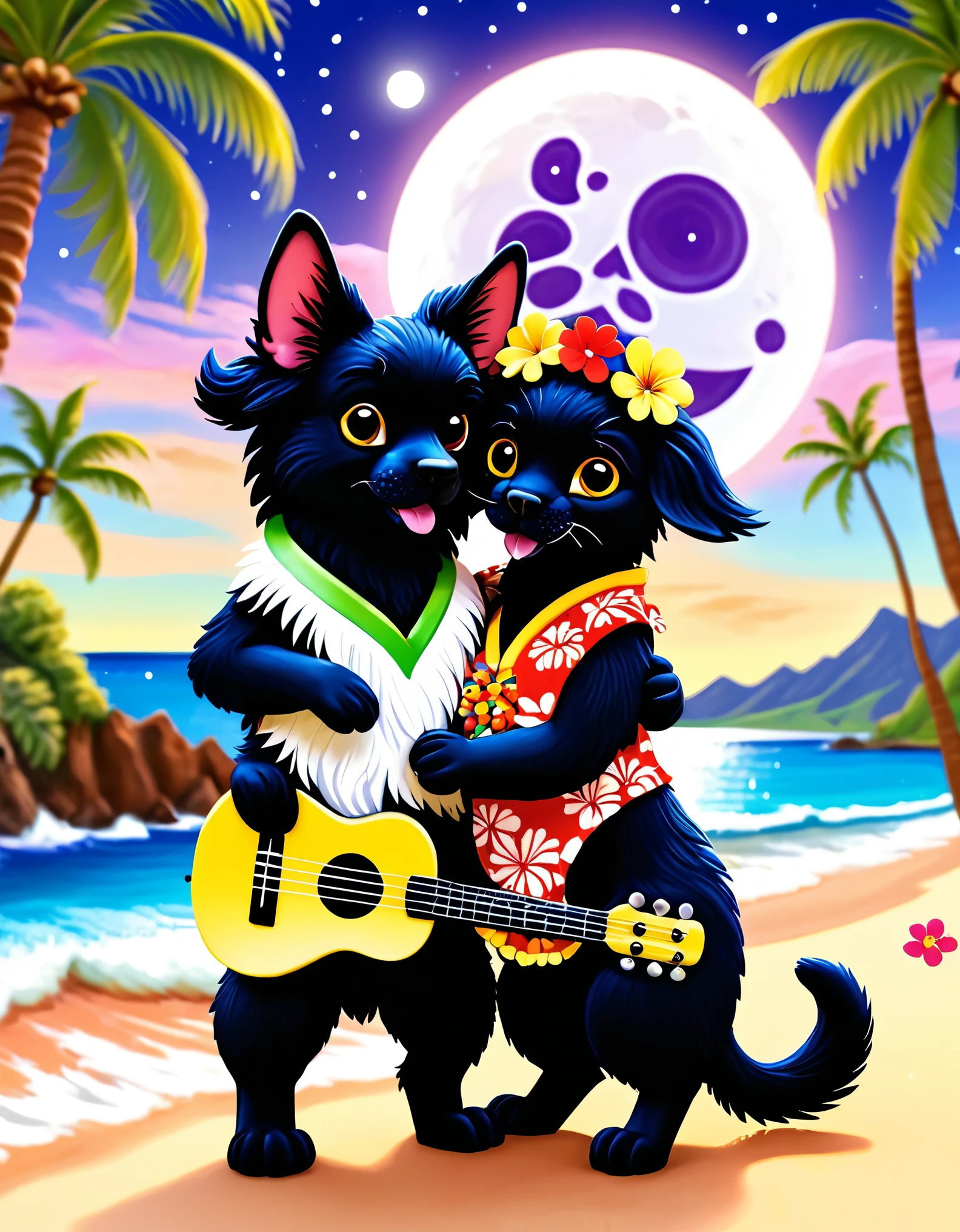 Sure.。Here is the final prompt：

"3DCG, cute and fluffy anthropomorphic animal couple in Hawaiian setting. Cat flamenco dancer and black American Cocker Spaniel ukulele player cuddling. Cat has soft fur, wears colorful muumuu and flower crown. Dog has long floppy ears, fluffy coat, wearing aloha shirt, holding ukulele. Both have adorable large eyes, happy expressions, gazing lovingly at each other. Background: 3D rendered large full moon, soft flowing clouds. Below, shimmering ocean surface with moonlit ripples. Palm tree silhouettes on shore. Warm color palette, soft lighting, romantic and dreamy atmosphere. Detailed fur textures and fabric renderings emphasizing fluffy, cuddly appearance."