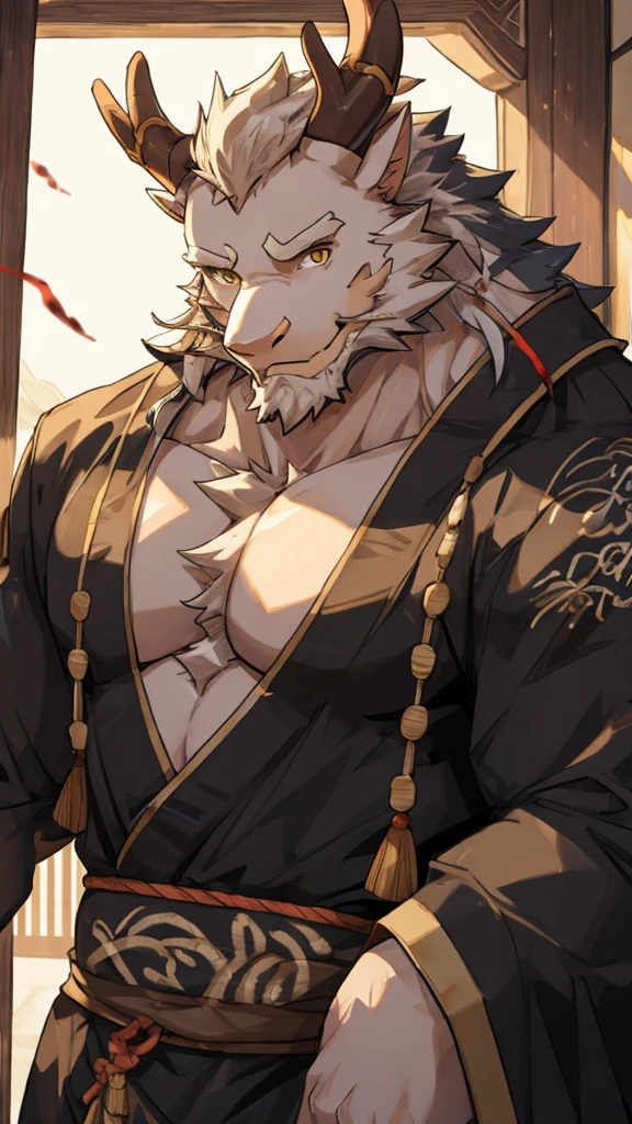 (white eastern dragon),furry,white mustache,big pecs,hearty males,muscular,black imperial robe,naked,adult,traditional_chinese_room,head portrait,scar,blood