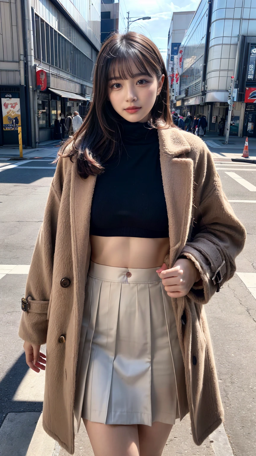 (8K, RAW Photos, Highest quality, masterpiece:1.2), (professional photography, full colors, studio-caliber color grading), (Gravure quality for high-end fashion magazines), BREAK,18 year old girl, (boyish:1.15), (mannish:1.1), Big Natural Color Lip, (Plumpy body:1.2), (smooth skin:1.1), (large breasts:1.0 Gorgeous and stylish black fluffy latest trend Tokyo winter clothes, (Elegant and high quality coat:1.1)、(The perfect and most natural light brown coat:1.1 (Crop top that goes all the way down to the neck:1.2 A-line skirt,