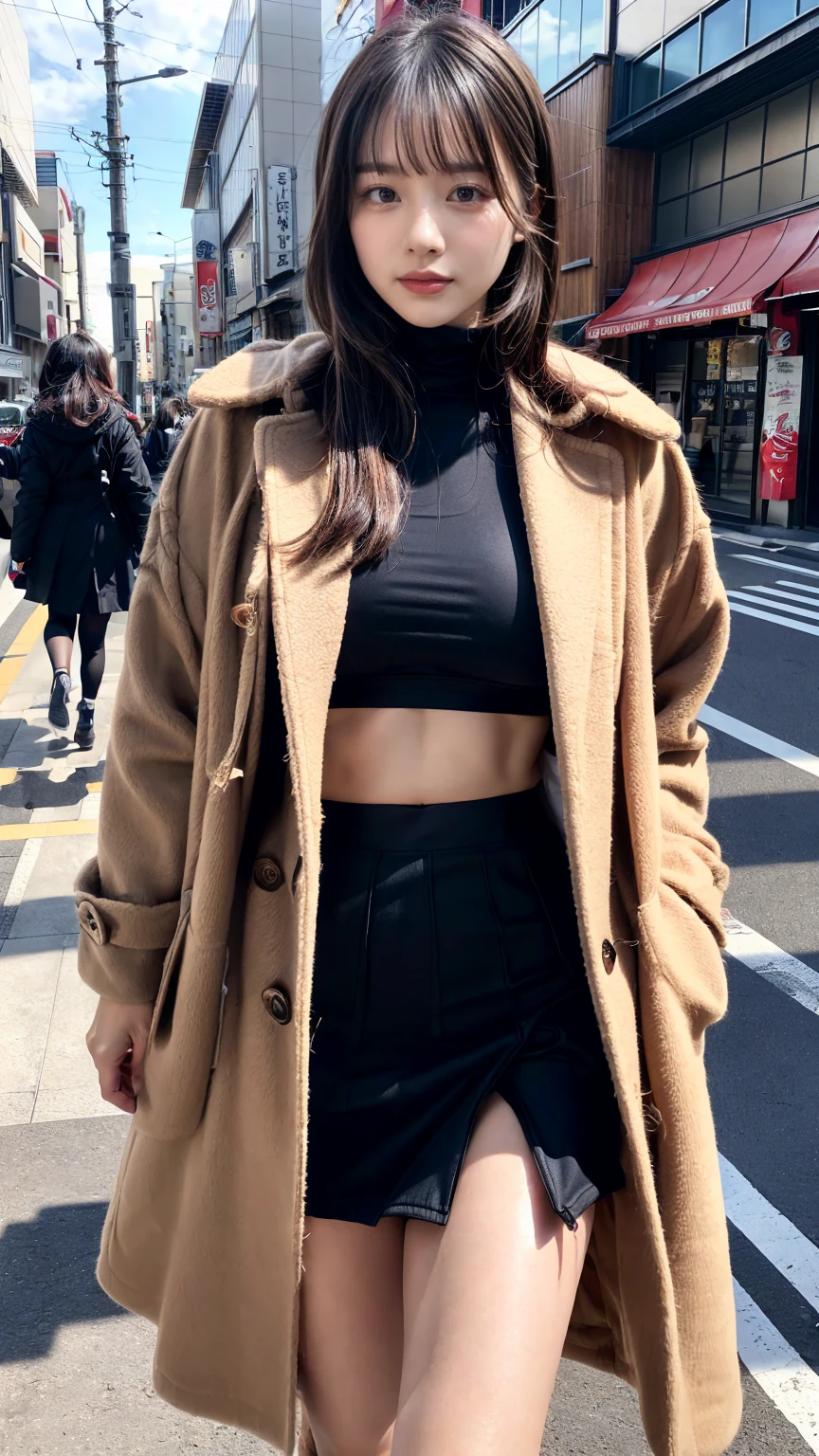 (8K, RAW Photos, Highest quality, masterpiece:1.2), (professional photography, full colors, studio-caliber color grading), (Gravure quality for high-end fashion magazines),  BREAK,18 year old girl, (boyish:1.15), (mannish:1.1), Big Natural Color Lip, (Plumpy body:1.2), (smooth skin:1.1), (large breasts:1.0 Gorgeous and stylish black fluffy latest trend Tokyo winter clothes, (Elegant and high quality coat:1.1)、(The perfect and most natural light brown coat:1.1 (Crop top that goes all the way down to the neck:1.2 A-line skirt,