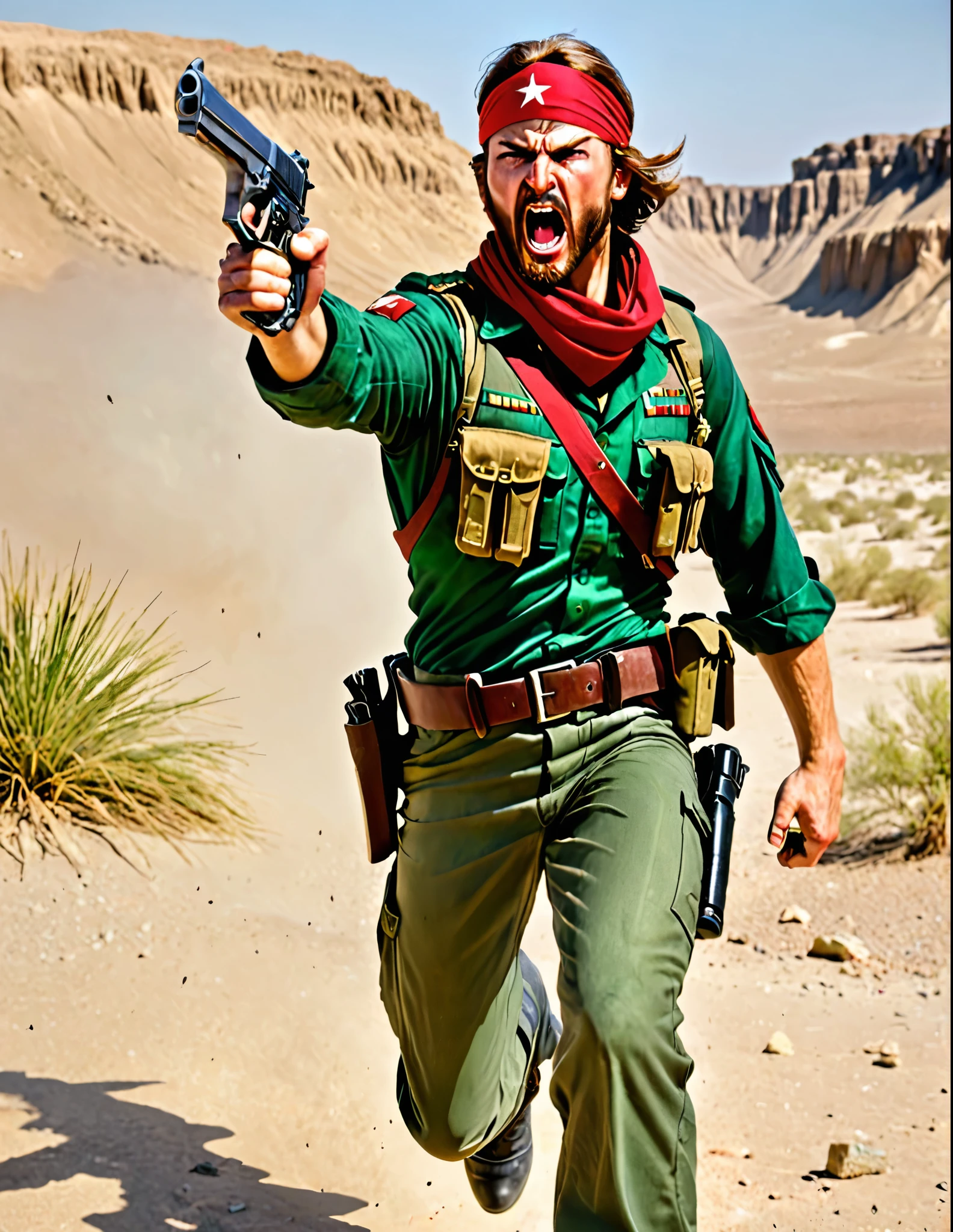 male focus, solo, solo focus, mercenary, brown hair, hazel eyes, facial hair, bullet belt, green uniform, combat boots, red bandana, (pointing a pistol at the viewer, desert eagle pistol) (angry, screaming, open mouth), war zone