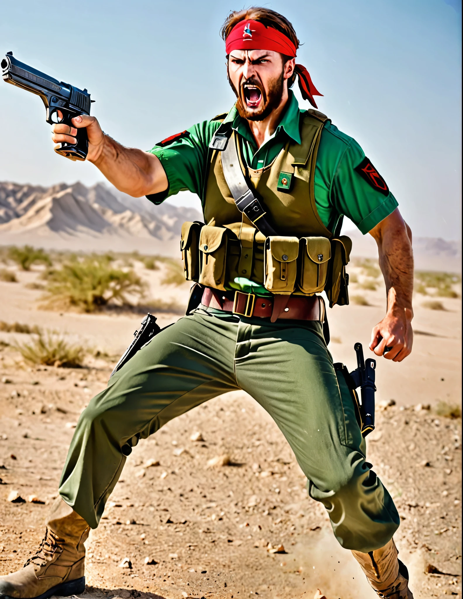 male focus, solo, solo focus, mercenary, brown hair, hazel eyes, facial hair, bullet belt, green uniform, combat boots, red bandana, (pointing a pistol at the viewer, desert eagle) (angry, screaming, open mouth), war zone