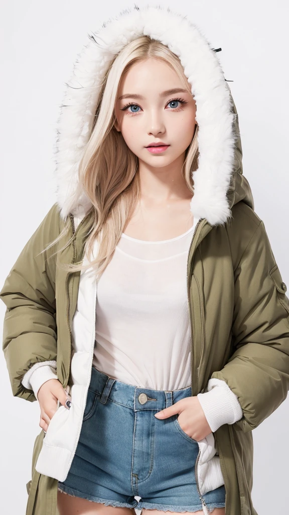 (((Long Parka、Shorts、White background)))、forehead、Northern Europe、Russia、beautiful girl、Platinum Blonde Hair、Straight long hair、Hitting the face and front of the eyes、Big blue eyes、Sheer white and wet nightgown、Northern Europeの若者、Perfect body、White tendons、Glowing Skin、Young and beautiful skin、A perfect and beautiful little face、Bright makeup、Pale pink lips、Bright expression、16-year-old girl、lipstick、Deceptive advertising、Viewer's vision、Golden Hour Lighting、Bokeh Atmosphere Perspective、detailed、Movie Light、複雑なdetailed、High resolution、 フェイスデザインのdetailedな特徴、Attention to detail、Clear focus、Smoothness、aesthetics、Printed、Octane、{{masterpiece}}