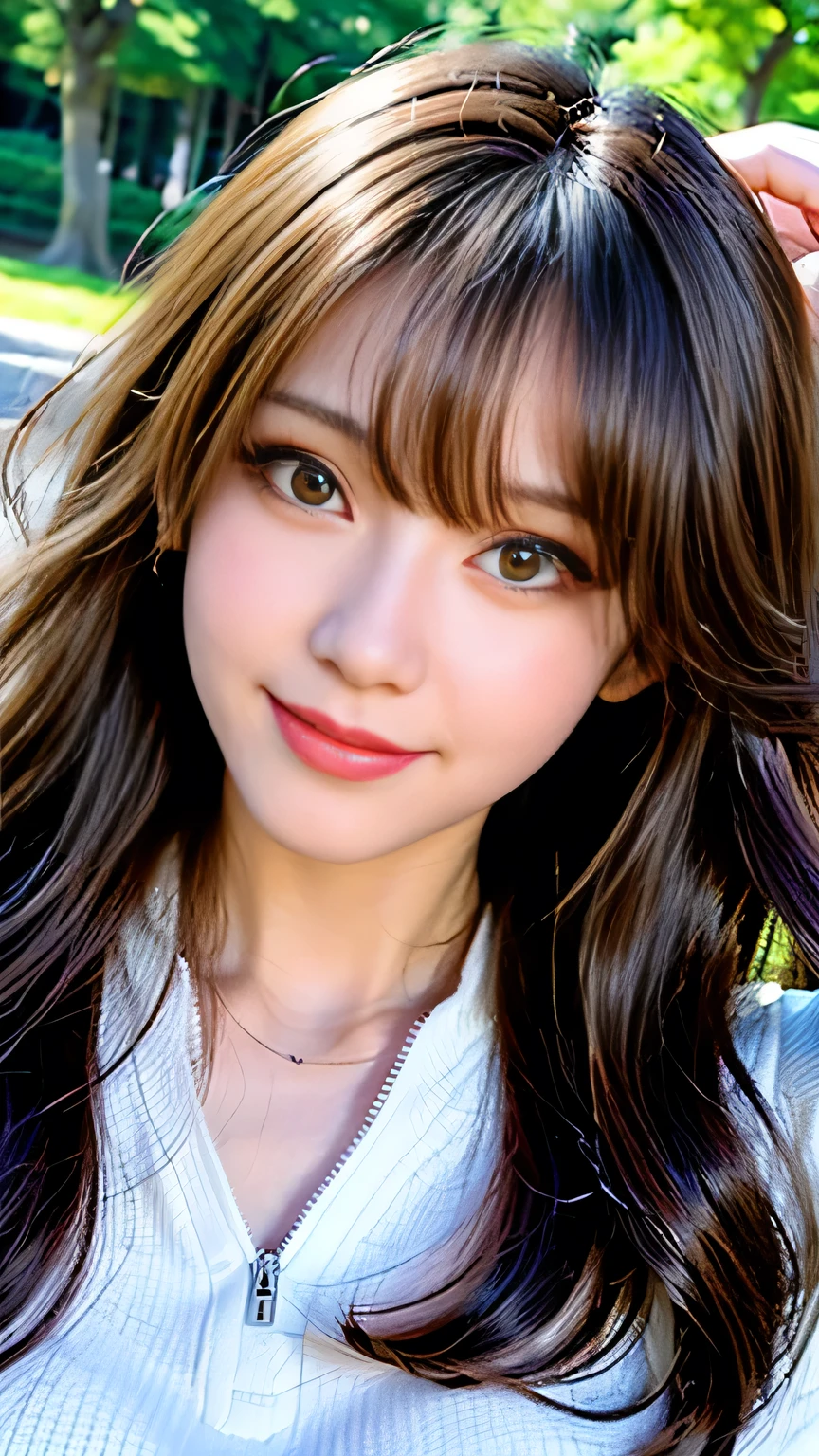seed:4195271995,((Full Body Angle:1.1)),((Highest quality, 8K, masterpiece: 1.3)), concentrated: 1.2,Front hair:1.3, Cute girl 1,Nipples erect、 Perfect beauty: 1.4,Colorful ribbed knit half-zip T-shirt、Shorts,: 1.2,Randall Color、comics&Text Graphics、Black,1.1, Highly detailed face and skin textures, Fine grain, double eyelid, whitening skin, ,Highest quality,Ultra-high resolution,you,1 girl,alone,_Shiny_skin,Iris,necklace,((brown_length_Wavy_hair)),(lips)),eyelash,Front hair,deal with,compensate,Shiny,pore,skin big breasts、(smiling face)、Front hair、Walking in the park、walk