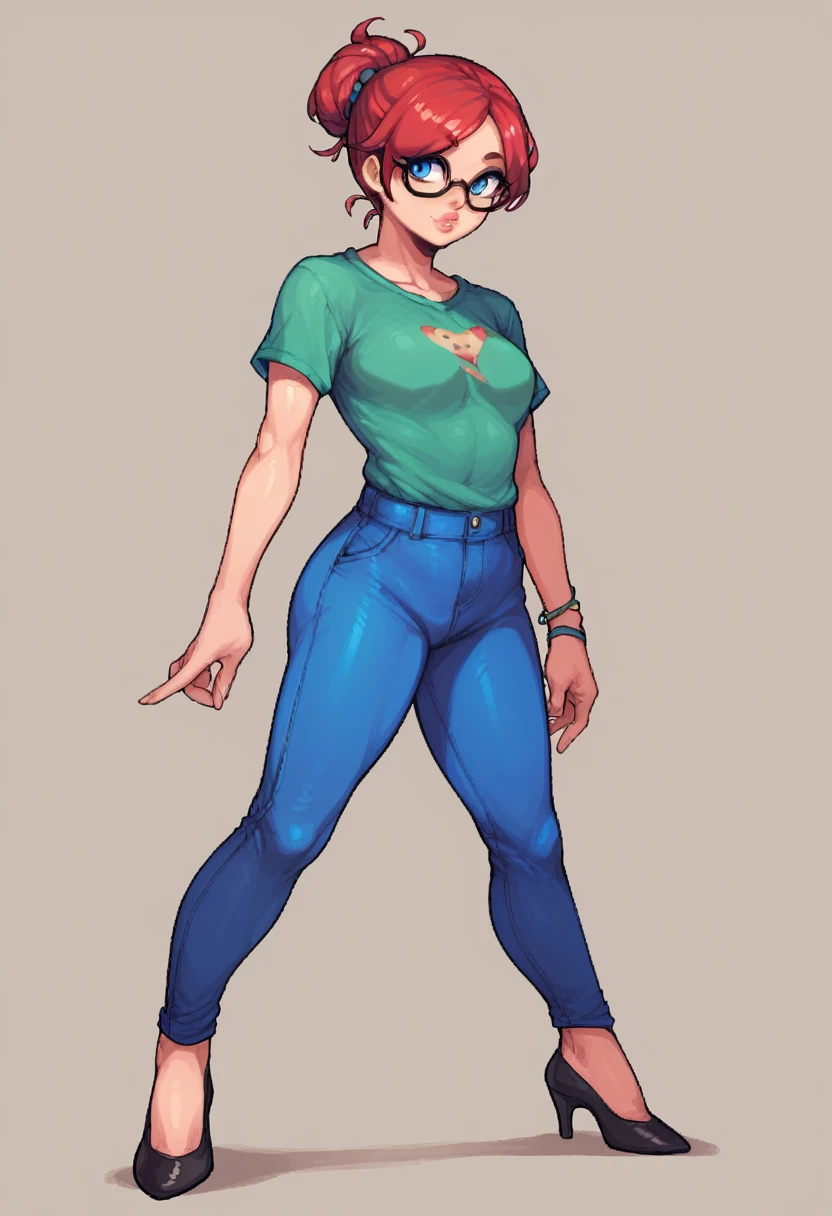 score_9, score_8_up, score_7_up, score_6_up, pixel art of a woman, pale, smooth skin, blue eyes, long straight red hair, full lips, slender physique, green t-shirt, glasses, blue pants, black heels