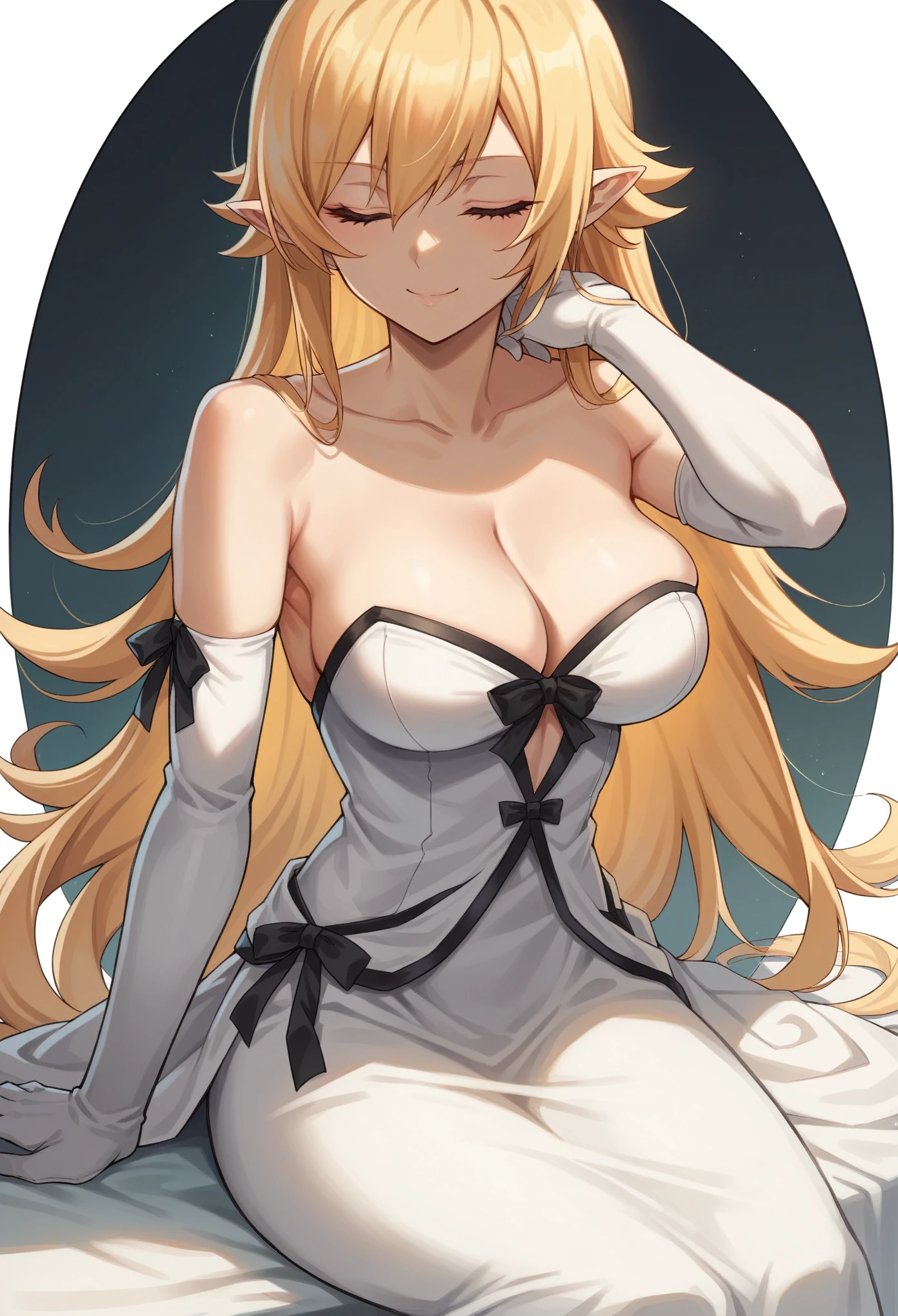 1girl, oshino_shinobu, kiss-shot_acerola-orion_heart-under-blade, breasts, solo, long_hair, blonde_hair, dress, red_dress, pointy_ears, large_breasts, closed_eyes, bare_shoulders, very_long_hair, sitting, gloves, elbow_gloves, cleavage, strapless, ribbon, hair_ribbon, strapless_dress, armpits, white_background, bangs, collarbone, smile, closed_mouth