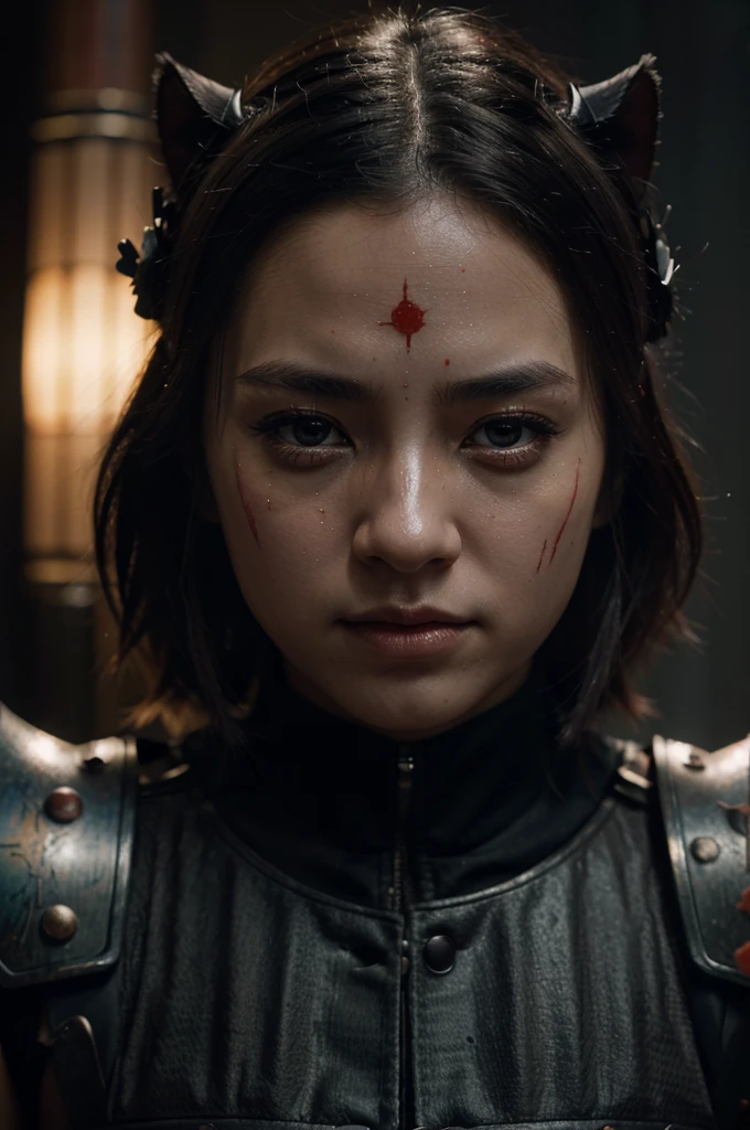1girl, samurai armor, japanese armor, demon mask, blood-stained armor, katanas, (best quality,4k,8k,highres,masterpiece:1.2),ultra-detailed,(realistic,photorealistic,photo-realistic:1.37),hdr,uhd,studio lighting,ultra-fine painting,sharp focus,physically-based rendering,extreme detail description,professional,vivid colors,bokeh,dark fantasy,dystopian,moody lighting,cinematic