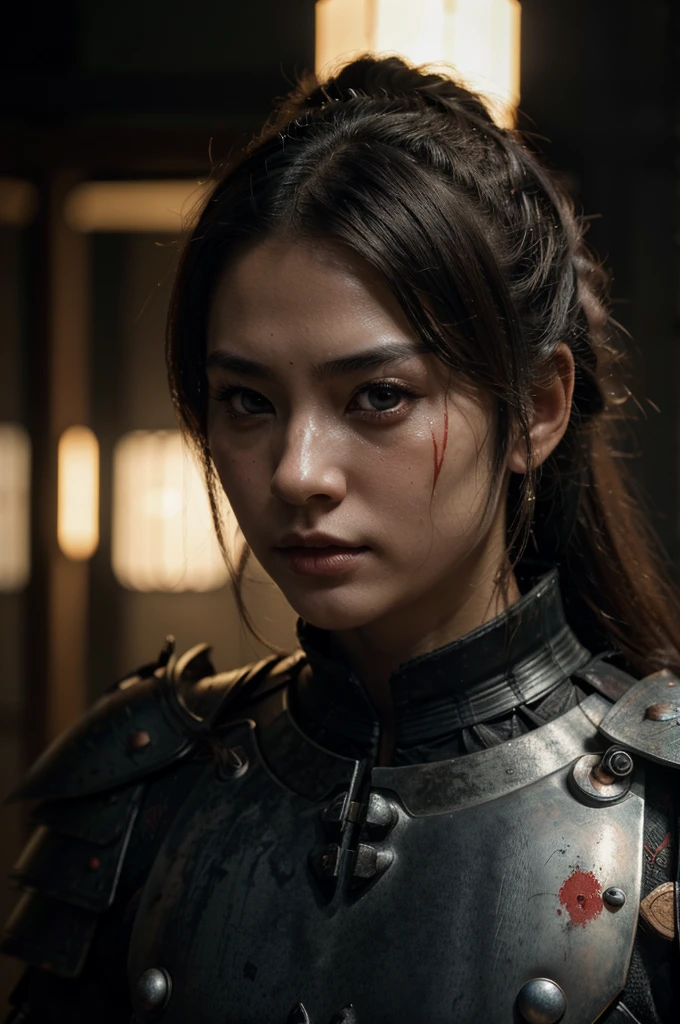 1girl, samurai armor, japanese armor, demon mask, blood-stained armor, katanas, (best quality,4k,8k,highres,masterpiece:1.2),ultra-detailed,(realistic,photorealistic,photo-realistic:1.37),hdr,uhd,studio lighting,ultra-fine painting,sharp focus,physically-based rendering,extreme detail description,professional,vivid colors,bokeh,dark fantasy,dystopian,moody lighting,cinematic