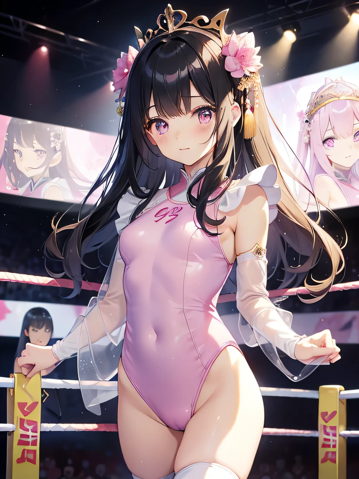 Highest quality、Very delicate and beautiful、Very delicate and beautiful、(Beautiful eyes)、Pink Eyes、I、I、、 、Japanese、、Chiquita、(armor)、(Black Hair)、((Pink leotard))、(High leg)、Tiara on head、Laughter、standing、Look forward、((Background is a wrestling ring))、