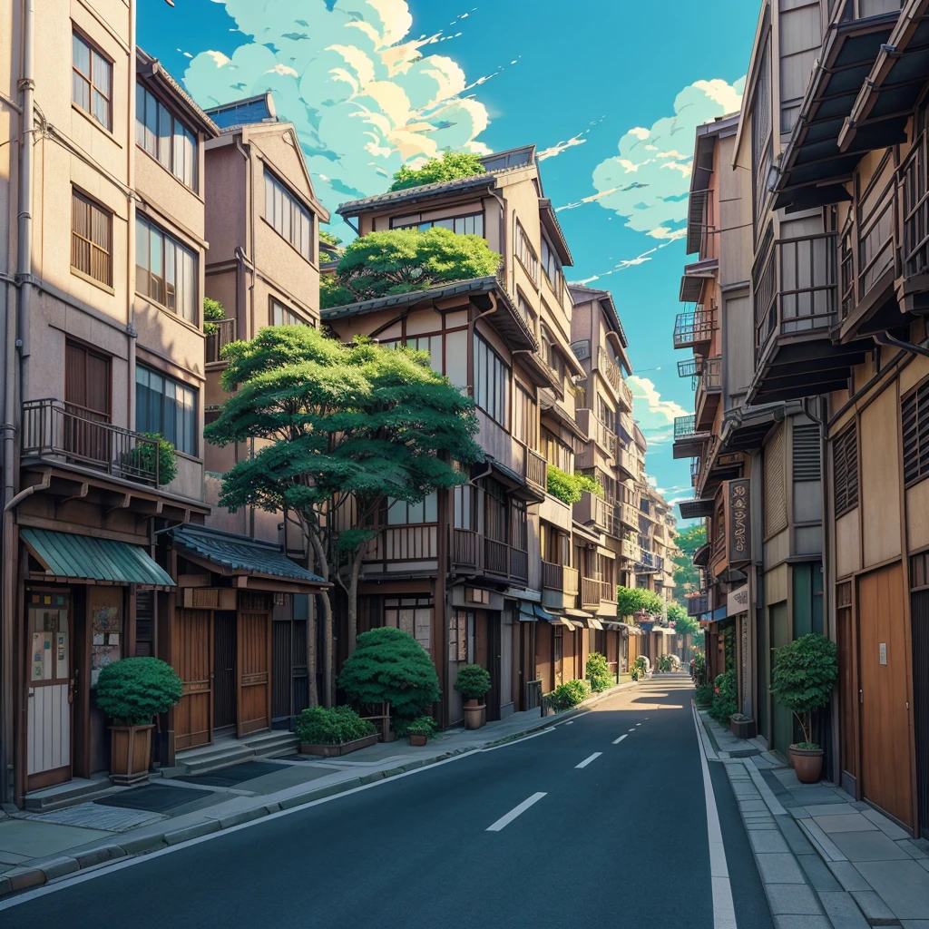 anime scenery of a street with a lot of buildings and plants, anime background art, studio ghibli sunlight, beautiful anime scene, japanese street, beautiful anime scenery, anime scenery, japanese town, anime beautiful peace scene, anime scenery concept art, anime style cityscape, style of makoto shinkai, colorful anime movie background, anime background, ancient city streets behind her