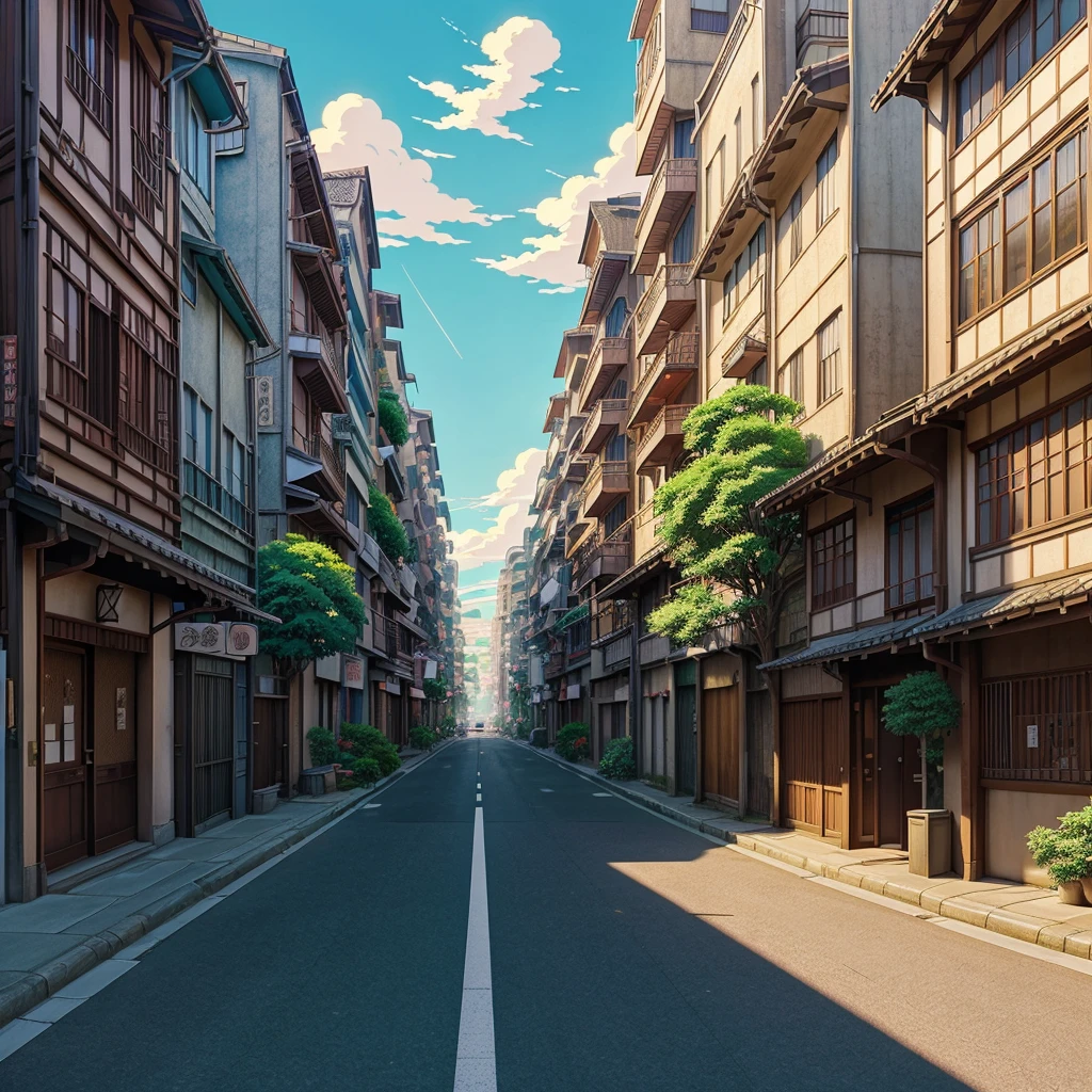 anime scenery of a street with a lot of buildings and plants, anime background art, studio ghibli sunlight, beautiful anime scene, japanese street, beautiful anime scenery, anime scenery, japanese town, anime beautiful peace scene, anime scenery concept art, anime style cityscape, style of makoto shinkai, colorful anime movie background, anime background, ancient city streets behind her
