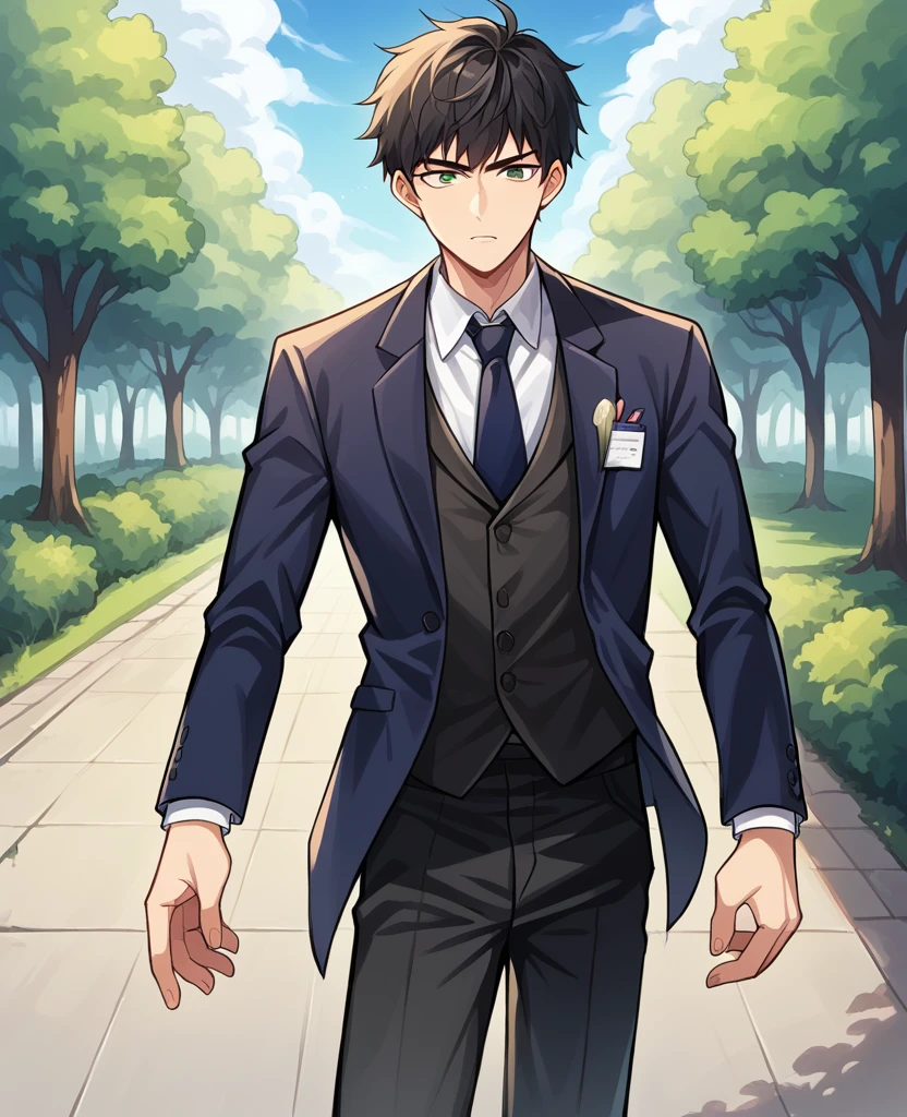 score_9, score_8_wonderful, score_7_wonderful, sauce_Anime BREAK 1 Boy, alone, Male Focus, Part 1 Leanne, Black Hair, , blazer, tie, Black trousers, Outdoor, apology