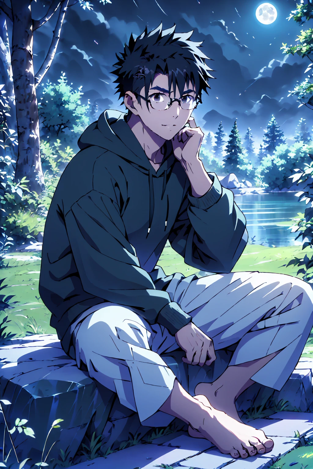 ((Highest quality)), ((masterpiece)), (detailed), Highest quality、High resolution、8K、Wearing a black hoodie、One adult male、33 years old、Dark Eyes、Black Hair、Japanese anime-like style、超High resolutionかわいい萌えアニメ8k、handsome face manly、undercut、Fake Hawk、Slender and muscular、Glasses、barefoot、sitting on a stone、Spread your legs、night、Forest landscape、lake、fire Fly、moonlight